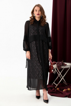 Платье с складками и комбинированным нижним платьем NikVa 943-1 чёрный+бургунди ромбы - фото 3
