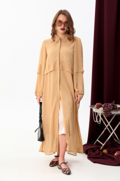 Платье с складками и рубашечным воротником, двухслойное NikVa 943-2 песок - фото 1