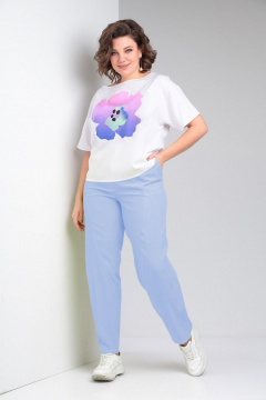 Двукомпонентный брючный комплект из ткани с цветочной печатью LadisLine 1556 голубой+белый - фото 1