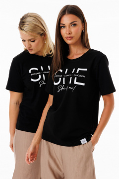 Черная футболка из хлопка с разнообразными принтами Kivviwear 4039.05 - фото 1