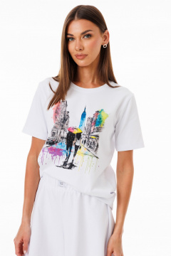 Белая футболка из хлопка с принтами и эластаном Kivviwear 4039.13 - фото 5