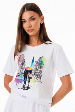 Белая футболка из хлопка с принтами и эластаном Kivviwear 4039.13 - фото 1