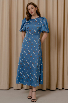 Платье приталенное с рукавом буф и застежкой в спинке JRSy 2534 голубой_в_тюльпаны - фото 1