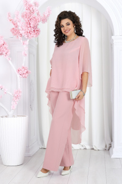 Нарядный брючный костюм из шифона с асимметричной туникой Ninele 6063 розовый - фото 1