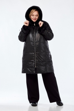 Черное демисезонное пальто с капюшоном и рельефными швами Диомант 2040 черный - фото 2
