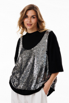 Белый и серый блузон oversize с пайетками на тянущейся основе Ларс Стиль 1054 - фото 4