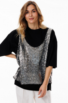 Белый и серый блузон oversize с пайетками на тянущейся основе Ларс Стиль 1054 - фото 3