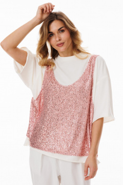 Розовый и молочный блузон металлик oversize из мерцающего трикотажа Ларс Стиль 1055 - фото 1