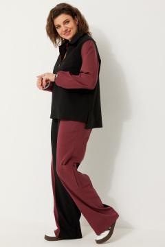 Стильный комплект блузы и брюк из трикотажа с яркими вставками BegiModa 3090 чёрный бордо - фото 4
