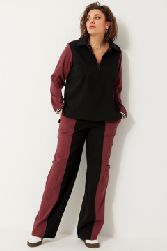Стильный комплект блузы и брюк из трикотажа с яркими вставками BegiModa 3090 чёрный бордо - фото 3