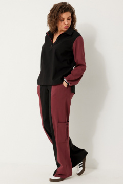 Стильный комплект блузы и брюк из трикотажа с яркими вставками BegiModa 3090 чёрный бордо - фото 2