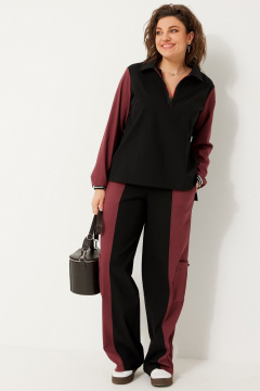 Стильный комплект блузы и брюк из трикотажа с яркими вставками BegiModa 3090 чёрный бордо - фото 1