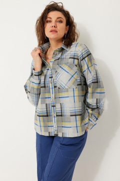 Клетчатая прямая блуза из текстиля для офиса и повседневных образов BegiModa 4118 синий неон - фото 5