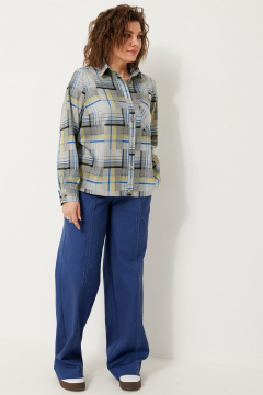 Клетчатая прямая блуза из текстиля для офиса и повседневных образов BegiModa 4118 синий неон - фото 2