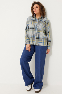 Клетчатая прямая блуза из текстиля для офиса и повседневных образов BegiModa 4118 синий неон - фото 1