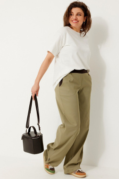 Свободные текстильные брюки с эластичным поясом и контрастными вставками BegiModa 6063 олива - фото 3