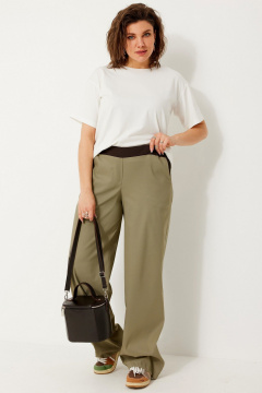 Свободные текстильные брюки с эластичным поясом и контрастными вставками BegiModa 6063 олива - фото 1