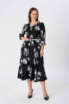 Демисезонное свободное платье из вискозы с поясом TVIN 7782 принт_на_черном - фото 1