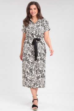 Платье летнее с длинным рукавом и карманами LeNata 16411 черно-молочный - фото 1