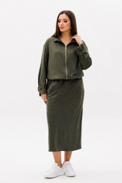 Костюм куртка и юбка на каждый день из бархатистого полотна Fantazia Mod 5079 хаки - фото 4