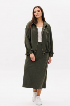 Костюм куртка и юбка на каждый день из бархатистого полотна Fantazia Mod 5079 хаки - фото 2