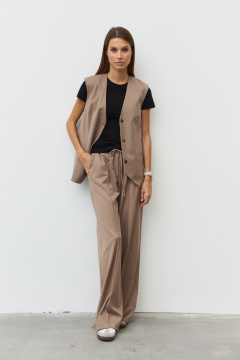 Брюки широкие из костюмной ткани с эластичным поясом Luitui R2019 бежевый - фото 1