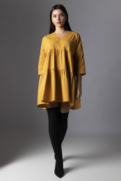 Платье свободного силуэта из хлопка с V-образным вырезом VIZAVI 636 горчица - фото 3
