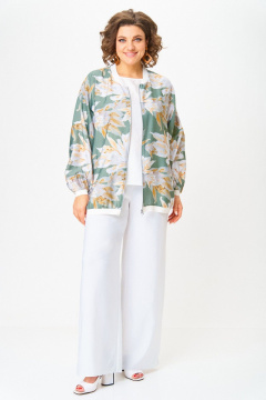 Блуза, бомбер, брюки LadisLine 1567 цветы+белый - фото 1