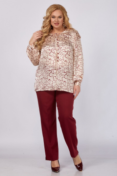 Блуза, брюки Элль-стиль 2375 бордовый_блуза_пудра_принт - фото 1
