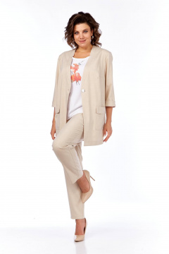 Комплект из блузы, брюк и жакета, демисезон, свободный стиль Tensi 372 бежево-оливковый+белый - фото 4