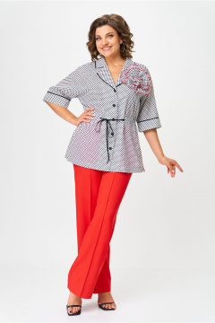 Блуза, брюки Орхидея 1580 черно-белый горошек-красный - фото 1