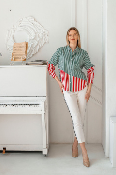 Рубашка Shymoda М_438-25 зелёная/красная/белая_полоска - фото 1