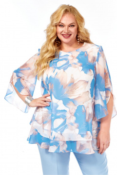 Блуза, брюки Элль-стиль 2213.7 голубой_принт_цветы_брюки_голубые - фото 5