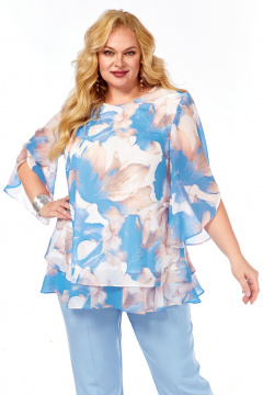 Блуза, брюки Элль-стиль 2213.7 голубой_принт_цветы_брюки_голубые - фото 3