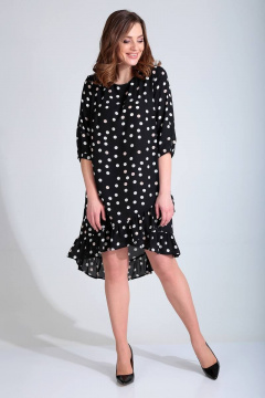 Демисезонное свободное платье из текстиля с рюшей Liona Style 778 черный_в_горох - фото 2