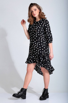 Демисезонное свободное платье из текстиля с рюшей Liona Style 778 черный_в_горох - фото 1
