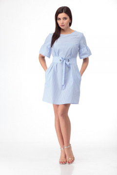 Платье полосатое из хлопка с кокетками и поясом Anelli 863 голубой - фото 1