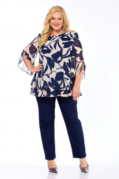 Блуза, брюки Элль-стиль 2213/8 темно-синий+бежевый - фото 1