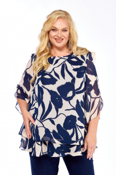 Блуза Элль-стиль 2213.8а  темно-синий+бежевый - фото 3