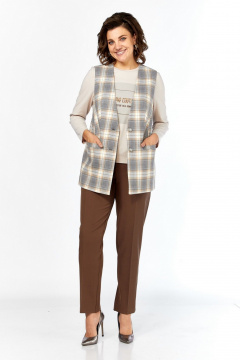 Брюки, джемпер, жилет Милора-стиль 1383 серый+коричневый+пудра - фото 3