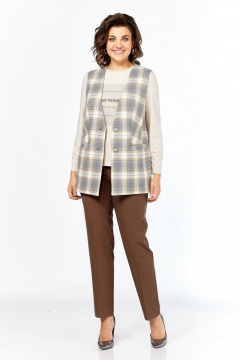 Брюки, джемпер, жилет Милора-стиль 1383 серый+коричневый+пудра - фото 1