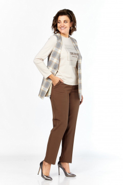 Брюки, джемпер, жилет Милора-стиль 1383 серый+коричневый+пудра - фото 2