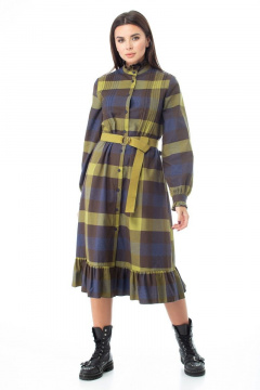 Платье-шот в клетку с рюшей и поясом для романтичного образа Anelli 977 оливка - фото 2