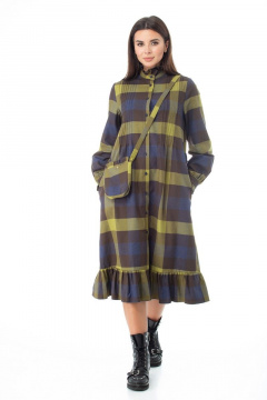 Платье-шот в клетку с рюшей и поясом для романтичного образа Anelli 977 оливка - фото 5