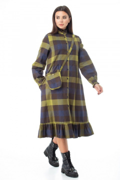 Платье-шот в клетку с рюшей и поясом для романтичного образа Anelli 977 оливка - фото 4