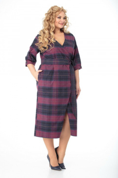 Платье полуприлегающего силуэта с вырезом В и поясом Anelli 946 бордо-клетка - фото 3