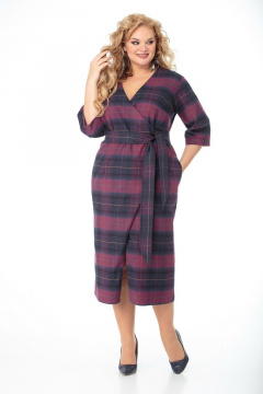 Платье полуприлегающего силуэта с вырезом В и поясом Anelli 946 бордо-клетка - фото 2