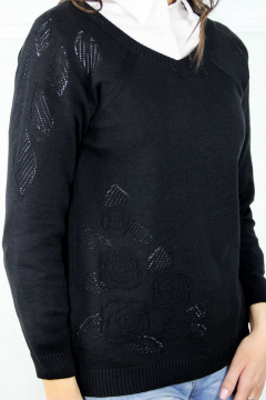 Черный джемпер из трикотажа с V-образным вырезом и отверстиями Полесье С1004-20 0С2126-Д43 158,164 черный_антрацит - фото 2