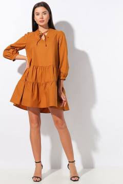 Платье свободного кроя хлопковое с V-вырезом VIZAVI 633 горчица - фото 3