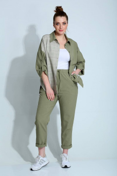 Демисезонный женский комплект рубашка и брюки в клетку Liona Style 790 зеленый - фото 2